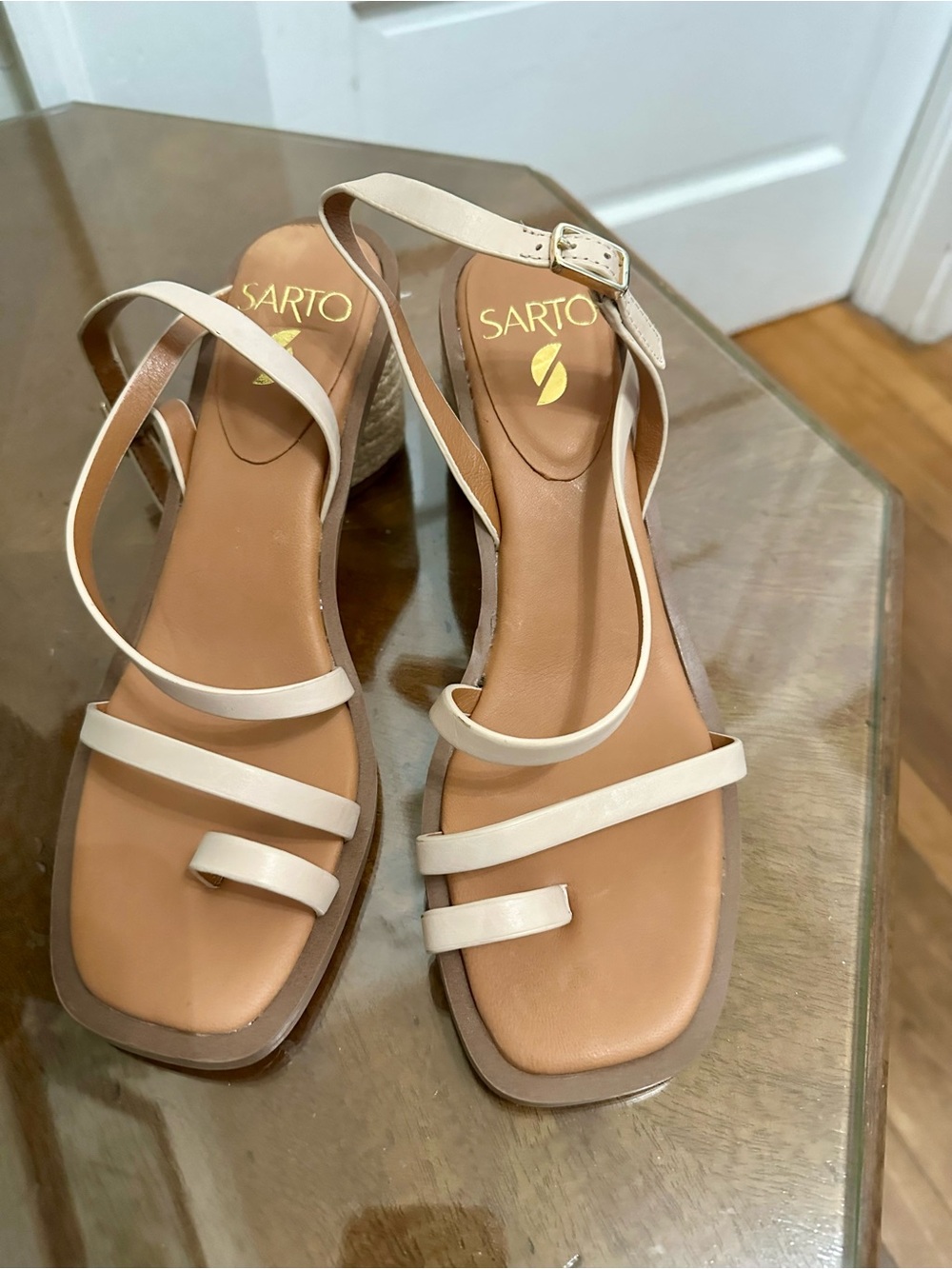 Sarto by Franco Women’s Pink Nude Strappy Block Heel Leather Sandals